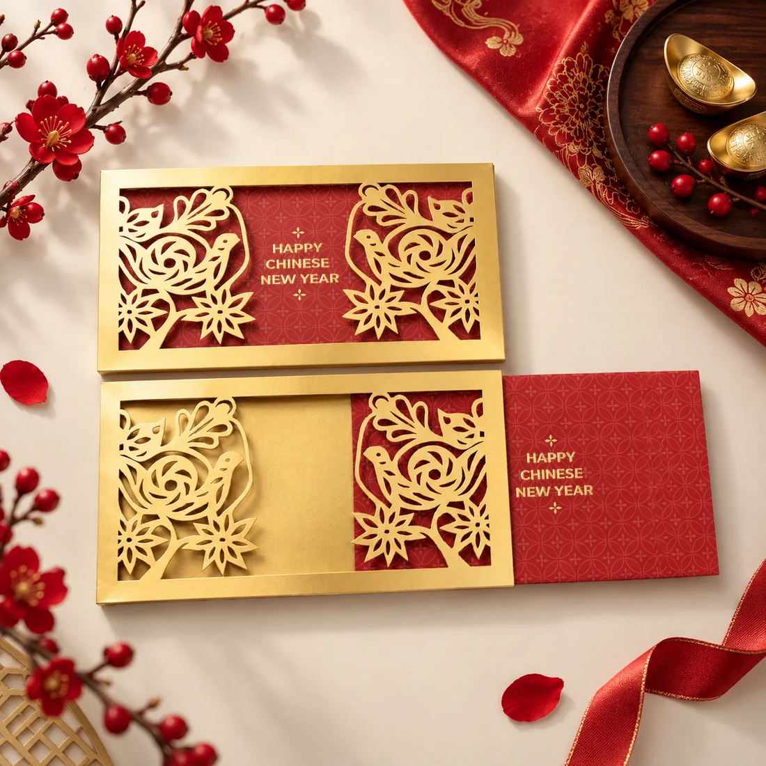 2027 高級金色鏤空利是封設計款，Happy Chinese New Year 主題