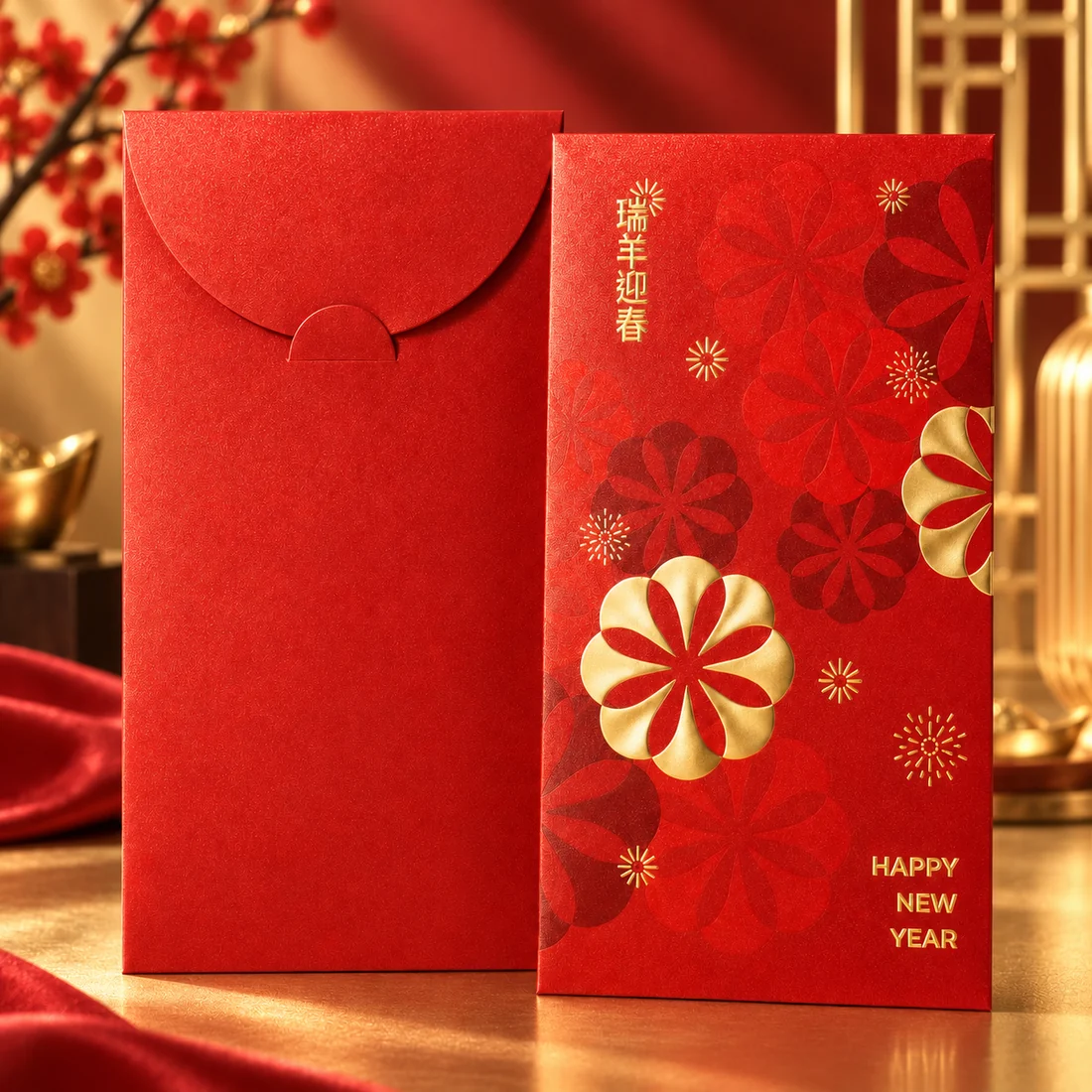 2027 利是封設計款，紅色拼色版面，新春快樂與 Happy New Year 設計