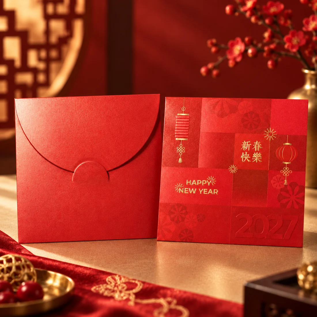 2027 紅金利是封設計款，瑞羊迎春主題，前後款式展示